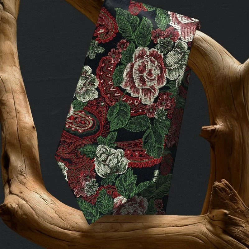 Lunepebbla paisley rose silk necktie draped showing pattern depth and color variation