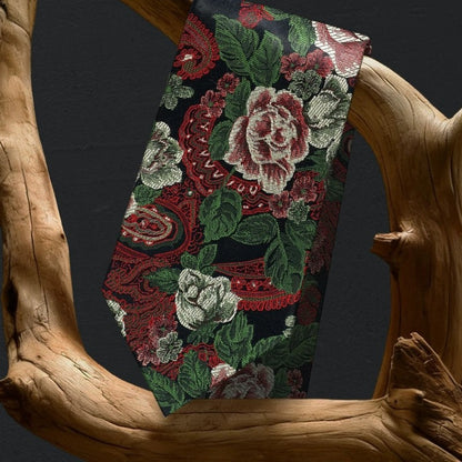 Lunepebbla paisley rose silk necktie draped showing pattern depth and color variation