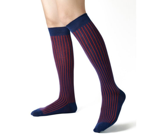 Lunepebbla two-tone ribbed sheer dress socks in red and navy bicolor stripes, knee-high nylon socks on foot