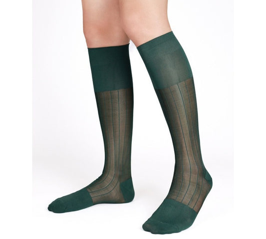 Lunepebbla ribbed sheer forest green nylon knee-high dress socks with tonal opaque panels on foot