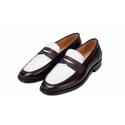 Lunepebbla black-white spectator dual-texture penny loafers with black suede and white leather
