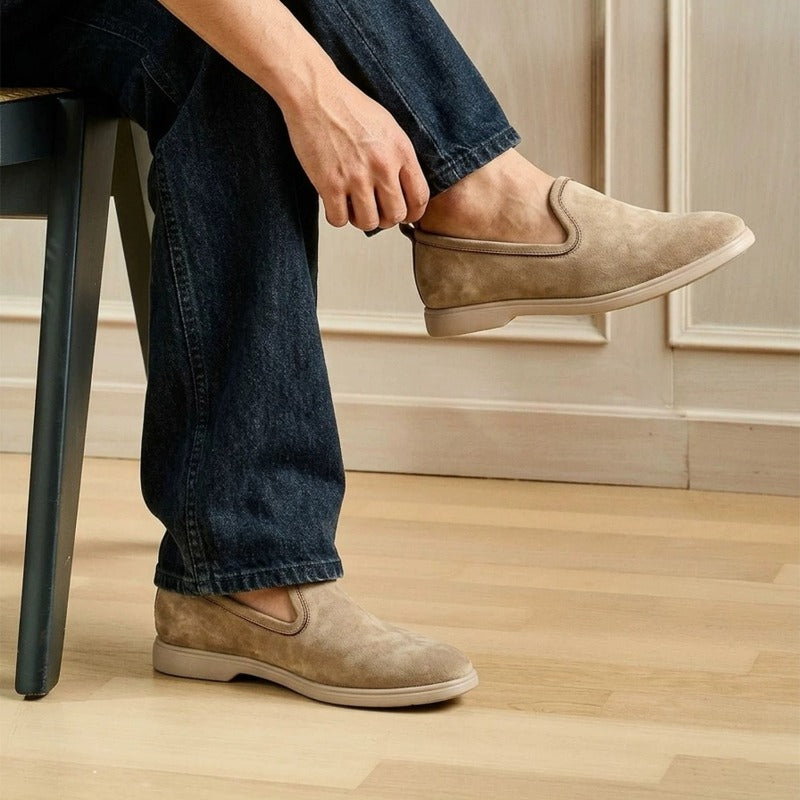 Lunepebbla Sand — handmade suede loafers white sole, summer slip-on shoes for men back heel view