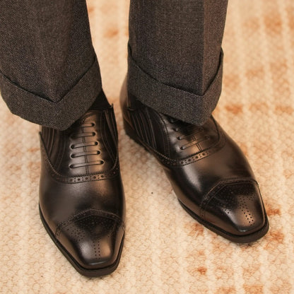 Handmade Black Cap-Toe Oxford Brogue Shoes for Men