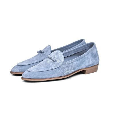 Lunepebbla sand suede tassel loafers with cedar shoe trees showing unstructured silhouette