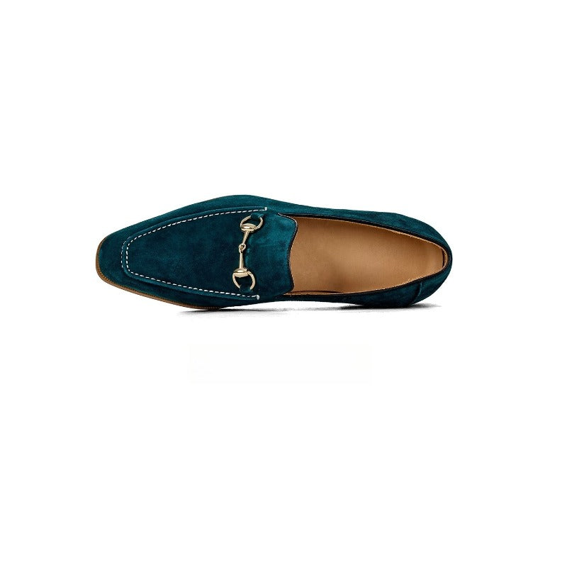 Lunepebbla suede horsebit loafers with cedar shoe trees showing silhouette and suede surface