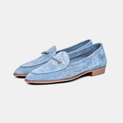 Lunepebbla sand suede tassel loafers sole view showing Blake-stitched rubber outsole