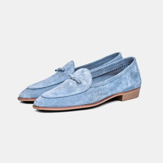 Lunepebbla sand suede tassel loafers sole view showing Blake-stitched rubber outsole