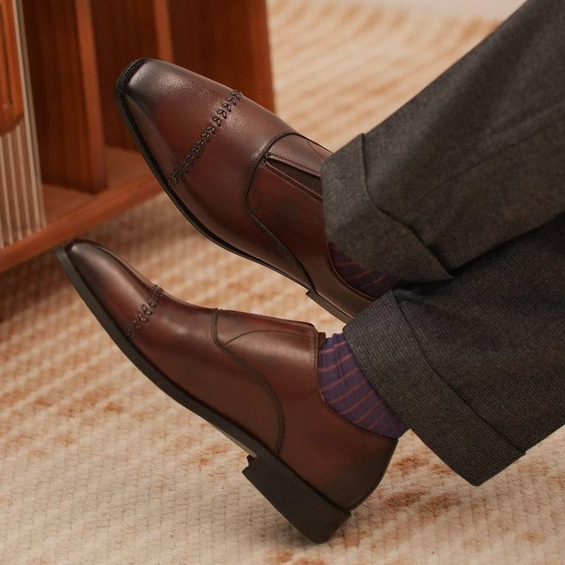 Handmade Brown Leather Laceless Cap-Toe Oxfords for Men