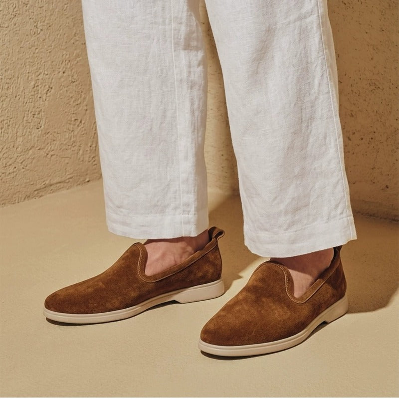 Lunepebbla Tan — handmade suede loafers white sole, summer slip-on shoes for men top down view