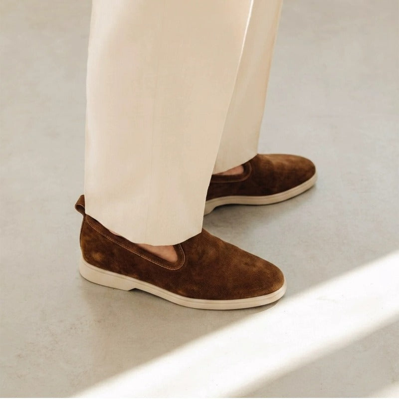 Lunepebbla Tan — handmade suede loafers white sole, summer slip-on shoes for men back heel view