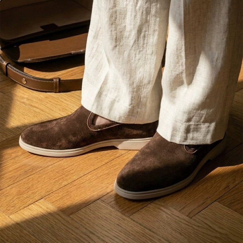 Lunepebbla Dark Brown — handmade suede loafers white sole, summer slip-on shoes for men side profile