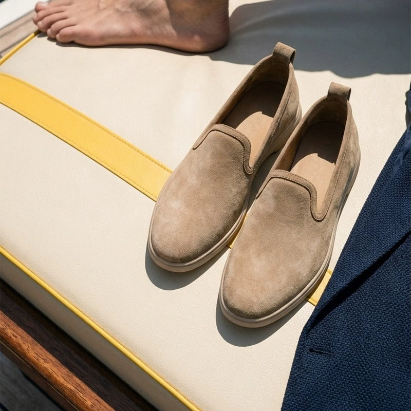 Lunepebbla Sand — handmade suede loafers white sole, summer slip-on shoes for men side profile