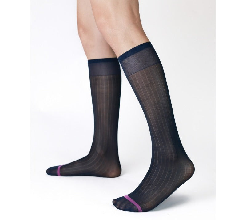Lunepebbla ribbed sheer navy dress socks side view showing rib texture and pink contrast toe