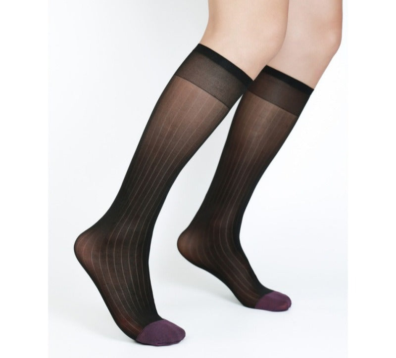 Lunepebbla ribbed sheer black dress socks side view showing rib texture and purple contrast toe