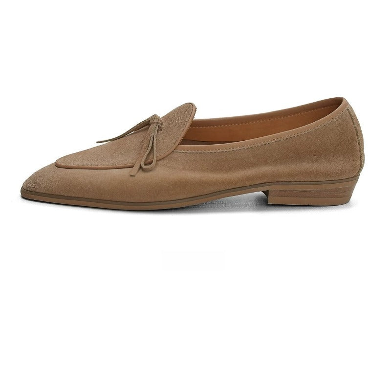 Lunepebbla camel suede Belgian loafers side view showing soft unstructured silhouette