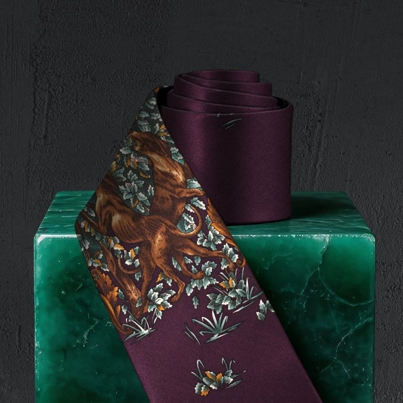 Lunepebbla hunting dog and deer silk necktie back view showing tipping and keeper loop