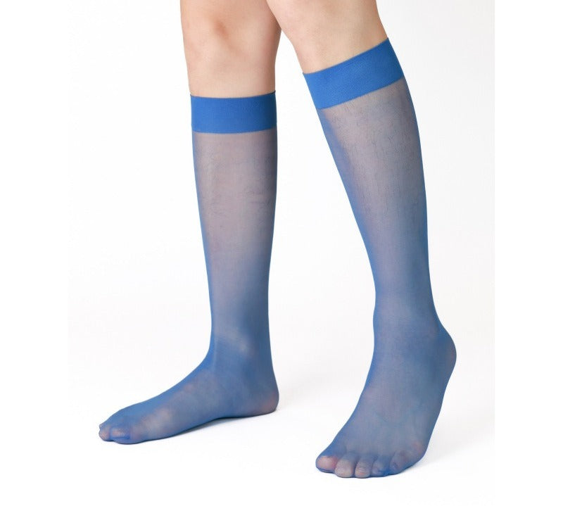 Lunepebbla sheer blue nylon dress socks side view showing translucent finish and tonal cuff