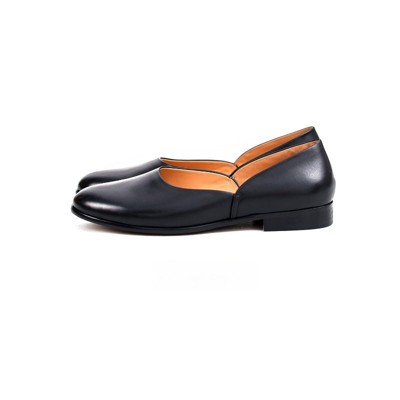Lunepebbla black leather pointed-toe loafers side view showing sleek silhouette and leather sole