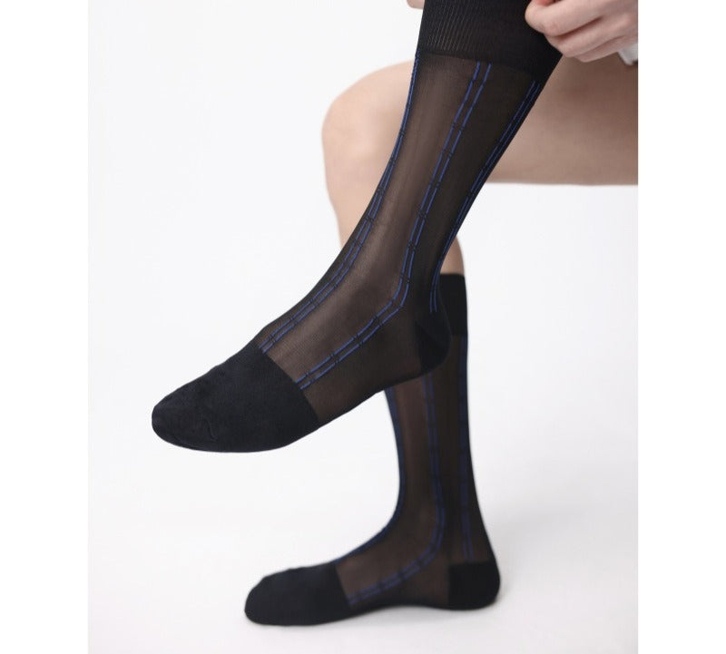 Lunepebbla pinstripe sheer navy nylon dress socks showing fine vertical line pattern