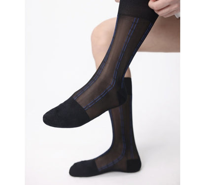 Lunepebbla pinstripe sheer navy nylon dress socks showing fine vertical line pattern