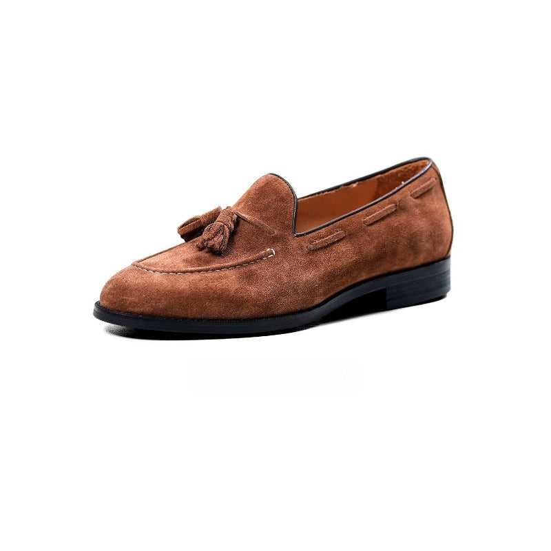 Lunepebbla tobacco high-lustre suede tassel loafers side view showing directional sheen