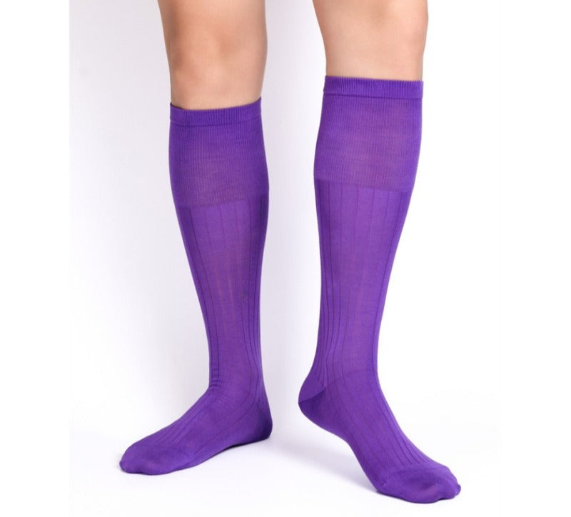 Lunepebbla opaque purple nylon knee-high dress socks front view showing full opaque coverage