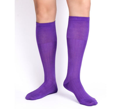 Lunepebbla opaque purple nylon knee-high dress socks front view showing full opaque coverage