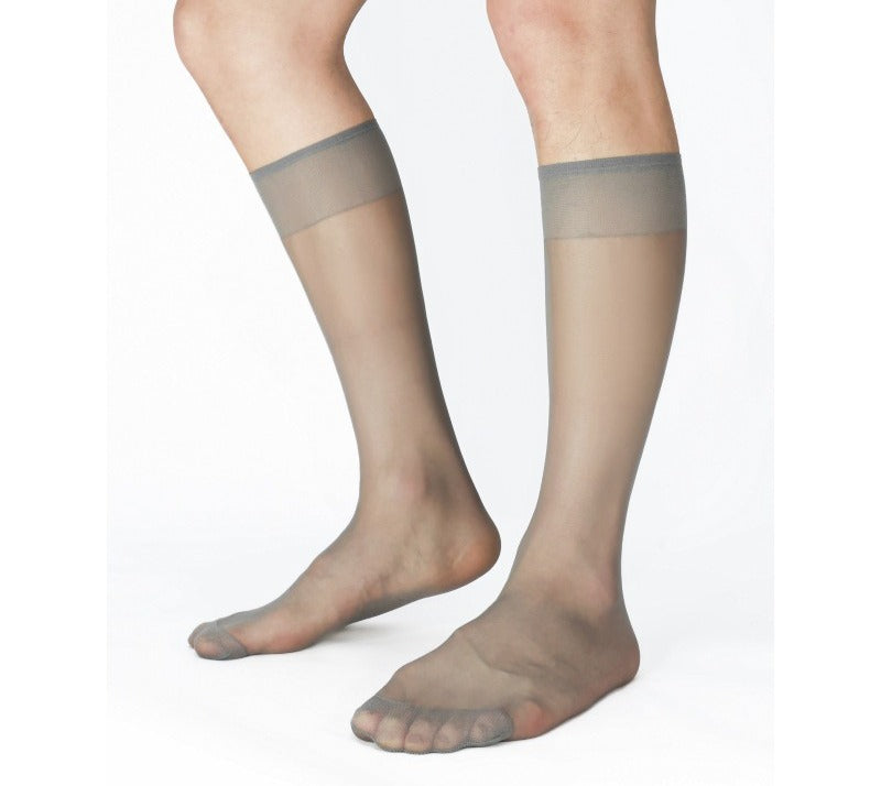Lunepebbla sheer grey nylon dress socks side view showing translucent finish and soft cuff