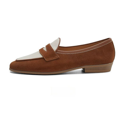 Lunepebbla two-tone spectator penny loafers side view showing suede and leather panel contrast