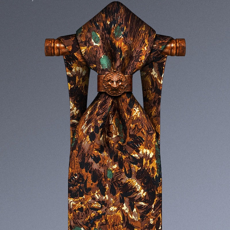 Italian art inspired mulberry silk tie front view on wooden display, jacquard woven floral pattern in warm amber brown and teal