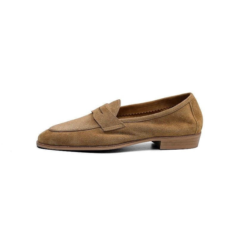 Lunepebbla tan suede penny loafers side view showing rounded almond toe and penny strap