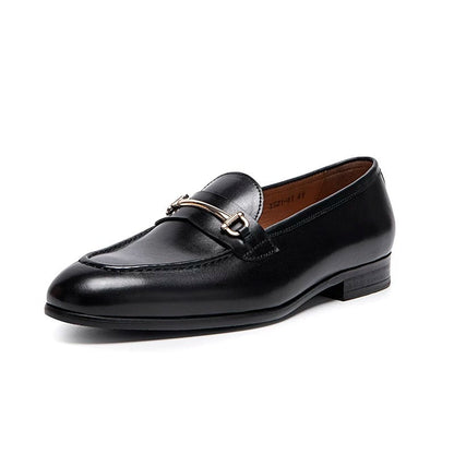 Lunepebbla black leather horsebit loafers side profile showing gold snaffle bit and rubber sole