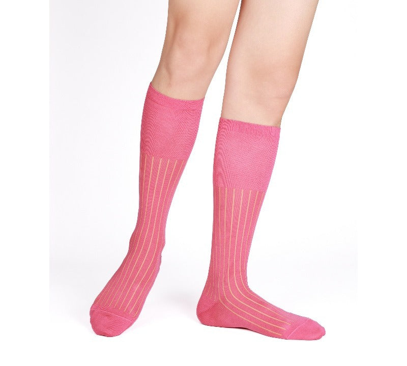 Lunepebbla pink ribbed sheer dress socks front view showing vertical rib texture and tonal opaque panels