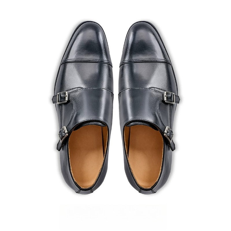 Lunepebbla black double monk strap shoes top view showing cap-toe and twin silver buckle straps