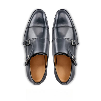 Lunepebbla black double monk strap shoes top view showing cap-toe and twin silver buckle straps