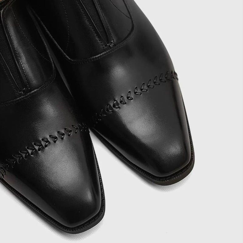 Handmade Black Leather Laceless Cap-Toe Oxfords for Men