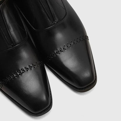 Handmade Black Leather Laceless Cap-Toe Oxfords for Men