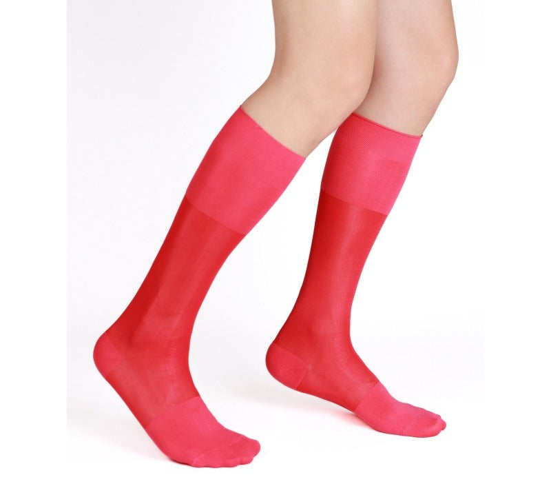 Lunepebbla semi-opaque red nylon dress socks showing bold saturated color knee-high