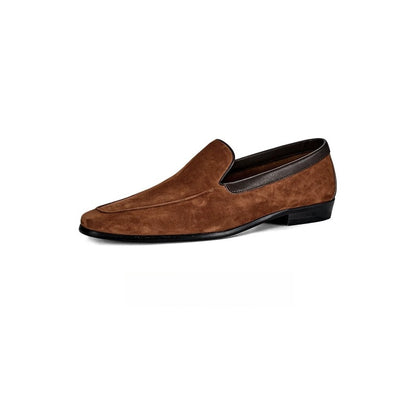 Lunepebbla Tan — handmade suede Venetian loafers for men, slip-on dress shoes side profile