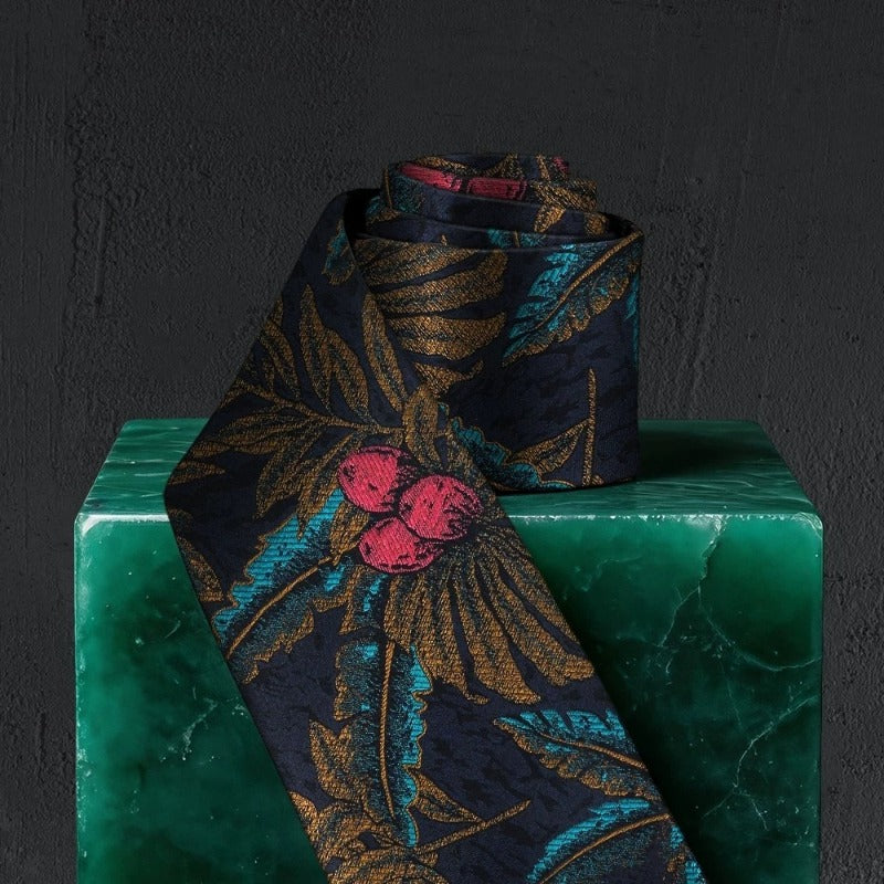 Lunepebbla tropical botanical silk necktie rolled showing fabric weight and silk quality