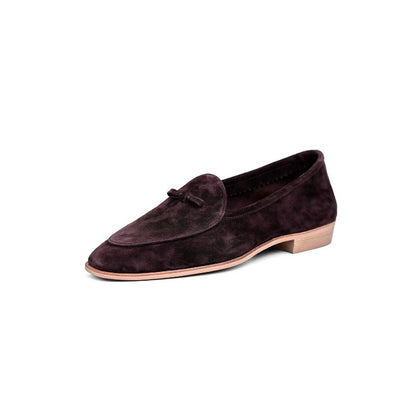 Lunepebbla sand suede tassel loafers side view showing contrast tassels and soft construction