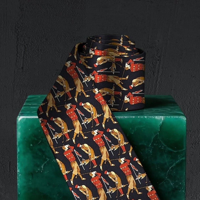 Lunepebbla golfer swing silk necktie back view showing tipping and keeper loop