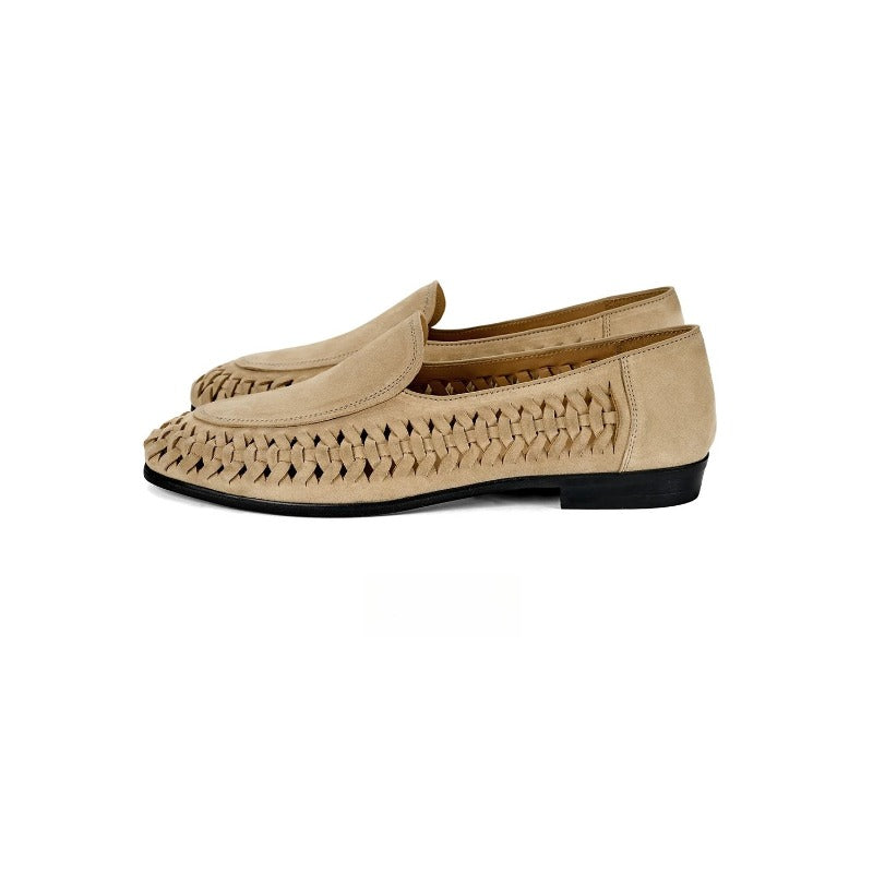 Lunepebbla Sand — handmade woven leather loafers for men, braided slip-on shoes side profile