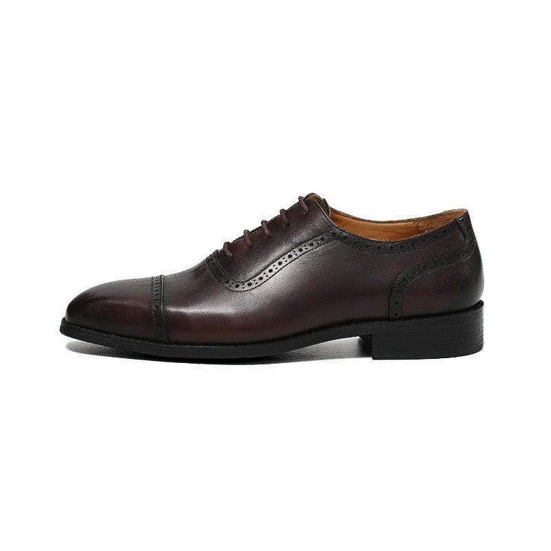 Lunepebbla brown waxed leather cap-toe oxford side view showing burnished finish and square toe