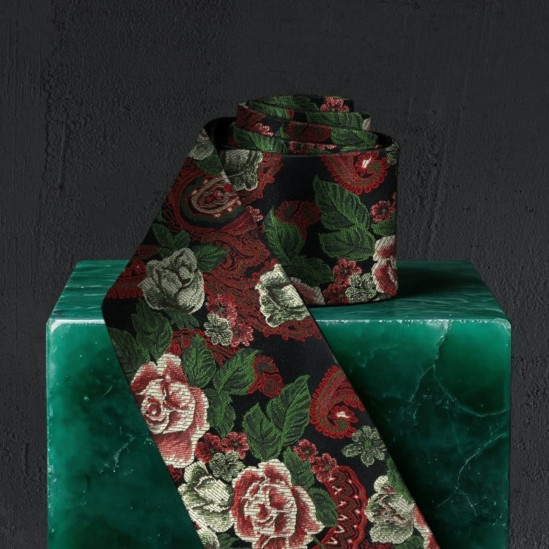 Lunepebbla paisley rose silk necktie rolled showing fabric weight and mulberry silk quality