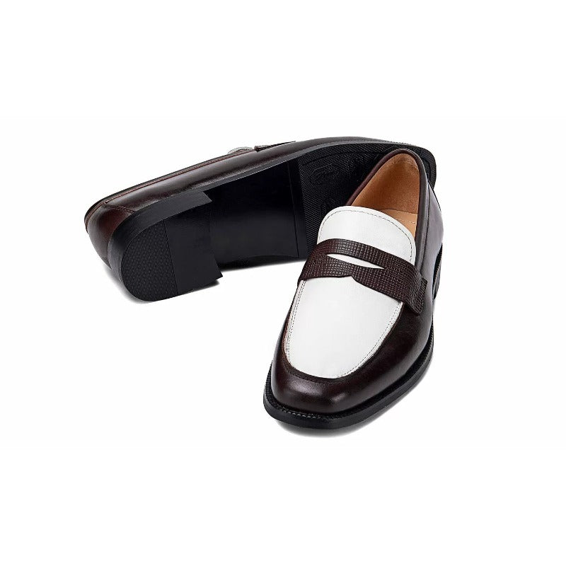 Lunepebbla black-white spectator penny loafers side view showing suede and leather contrast
