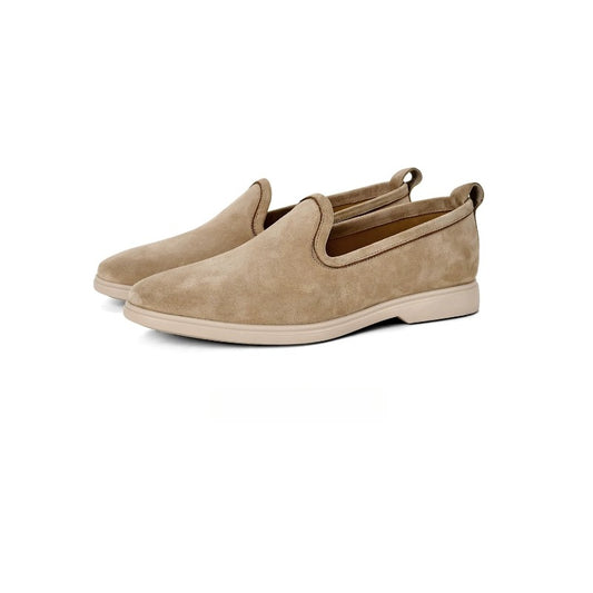 Lunepebbla Sand — handmade suede loafers white sole, summer slip-on shoes for men front view pair