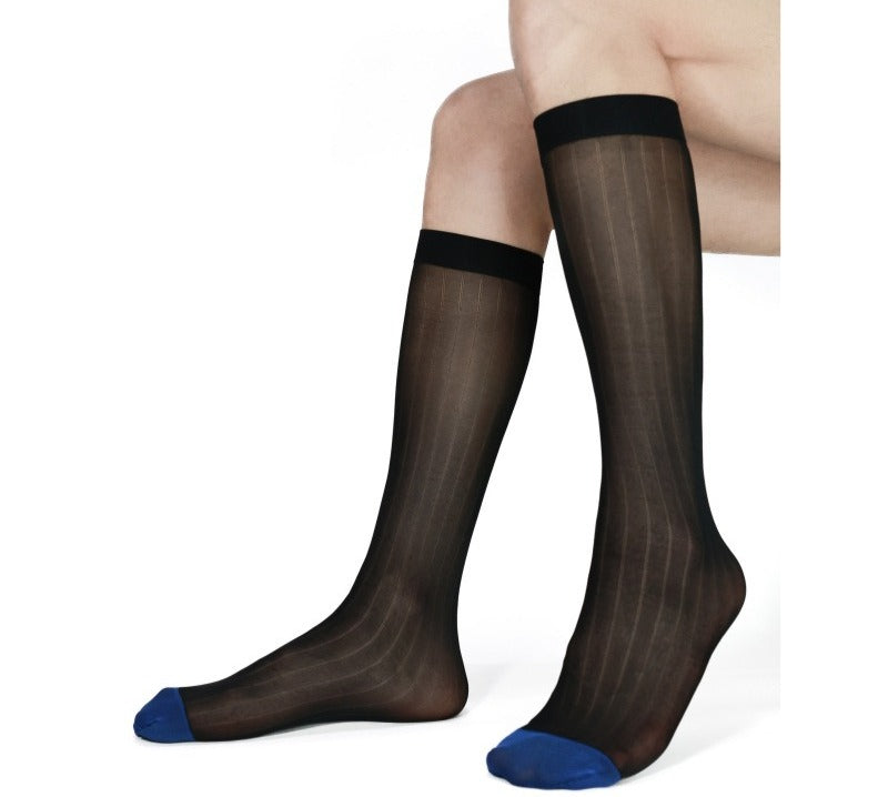 Lunepebbla sheer black dress socks side view showing translucent body and blue sole contrast