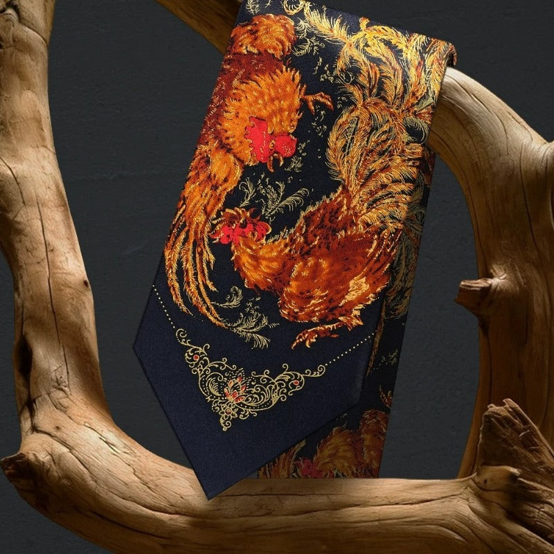 Lunepebbla rooster silk necktie back view showing tipping, keeper loop, and construction