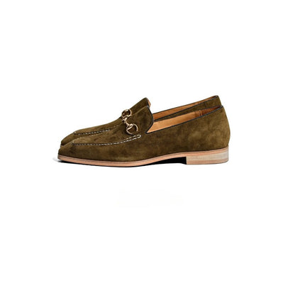 Lunepebbla olive suede horsebit loafers side profile showing gold snaffle bit and rubber sole